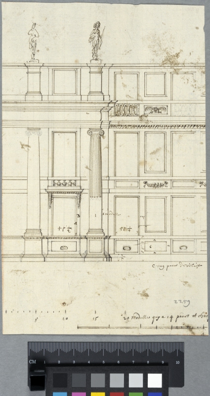 Detalj av fasad till palatsbyggnad. För hôtel de Vendôme, Paris. Elevation. [elevationen har varit del av en större ritning]