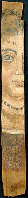 Fragment av mumieporträtt från Faijum. Ung kvinna med mörkt hår