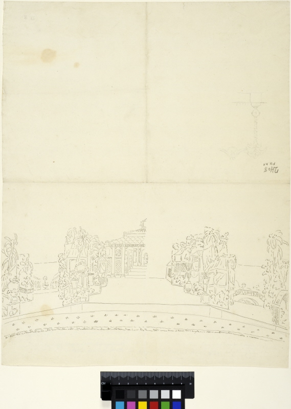 Stage Design for a Performance by the Chinese Pavilion at Drottningholm. Also a detail sketch of a palm in a pot