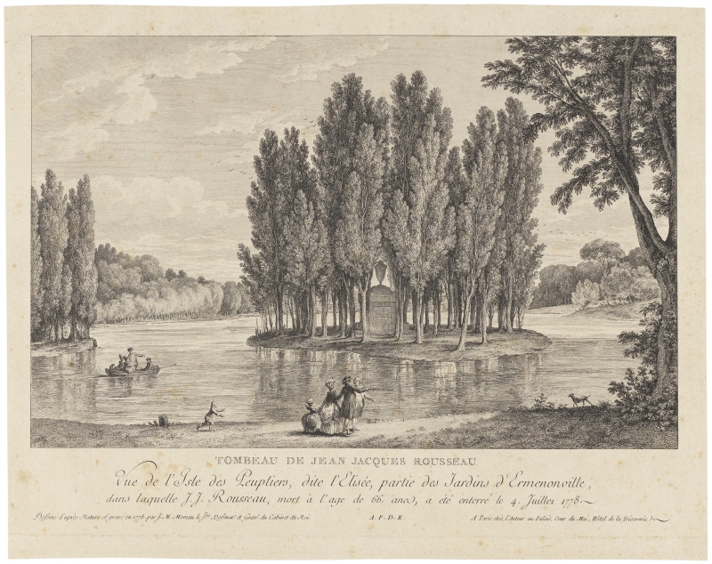 Jean Jacques Rousseaus gravvård. Vy över L’île des Peupliers, kallad L'Elisée, parken i Ermenonville