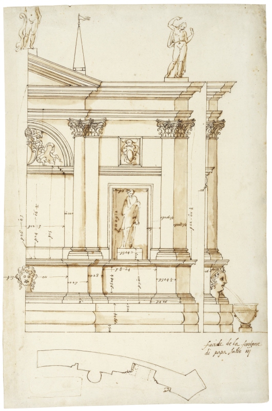 Rome: Fountain of Julius III on the Via Flaminia, right half elevation, plan and section