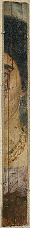 Fragment av mumieporträtt från Faijum. Dam med lockigt uppsatt hår