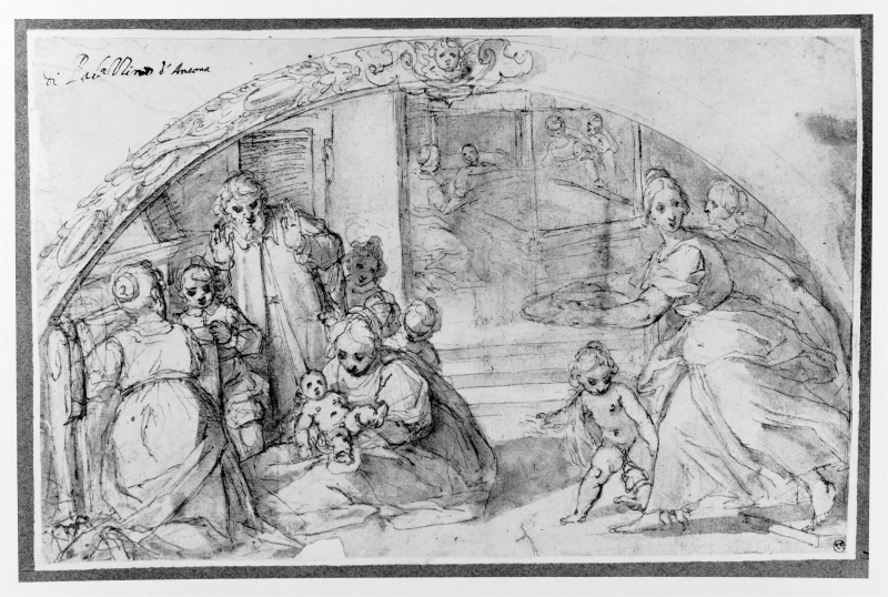 Scene of childbirth with many figures