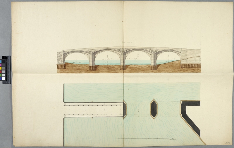 Ritning till bro med fyra spann; elevation och plan, samt uppgift om vattenståndet 20 januari 1698.