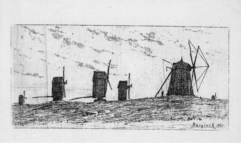 "Väderkvarnar vid Burgvik 1867"
