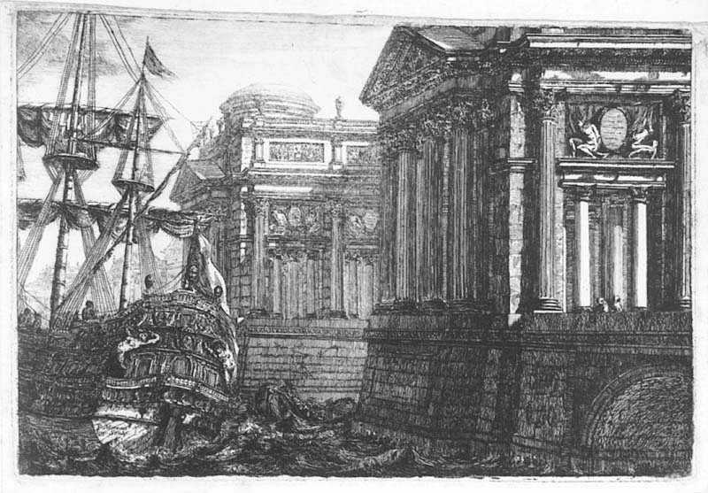 Hamnstycke med ett palats samt ett skepp. Ingår i "Architecture de diffèrents maîtres"
