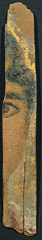 Fragment av mumieporträtt från Faijum. Ung kvinna med vågigt svart hår