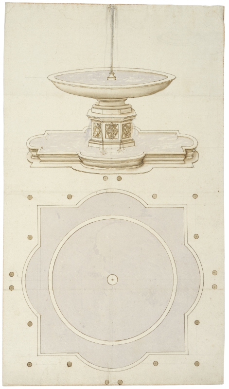 Rome: design for the Fountain of the lower Belvedere Court, plan and perspective elevation, c. 1614