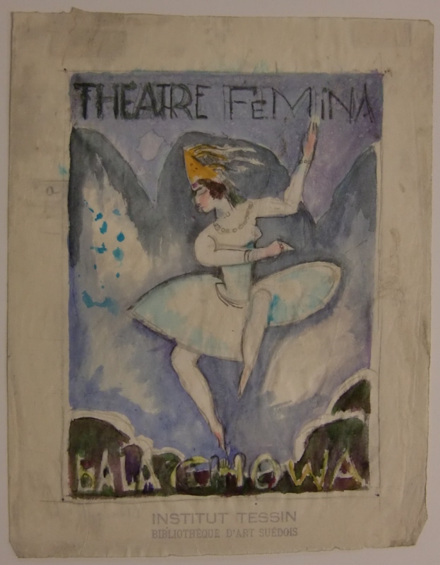 Skiss till en affisch för Théâtre Femina, 8-10 oktober 1936, dansösen Tania (?) Balachova (1902-1973), ljusblå bakgrund