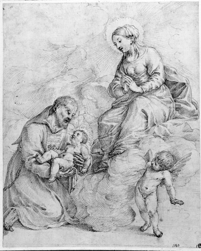 Den helige Fransisksus som håller Jesusbarnet och knäböjer inför Madonnan i skyn