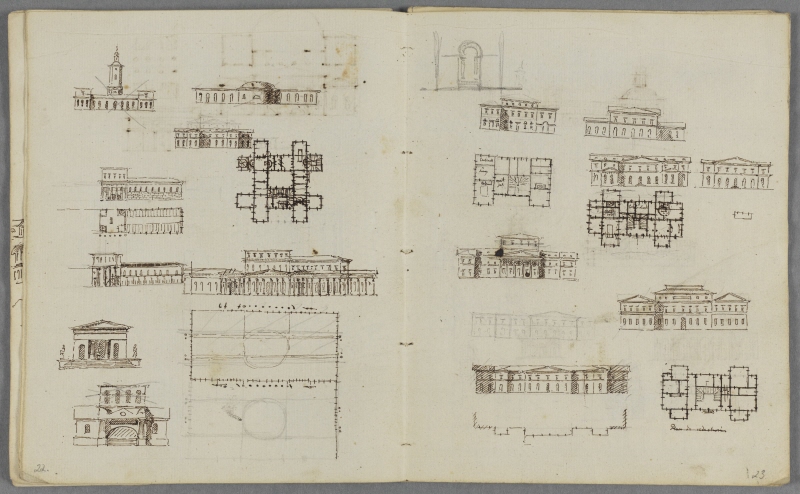 Booklet with Sketches, 31 Sheets. Mostly Building Sketches: Elevations, Sections, and Floor Plans (Among Them “My Little Countryside Palace”)