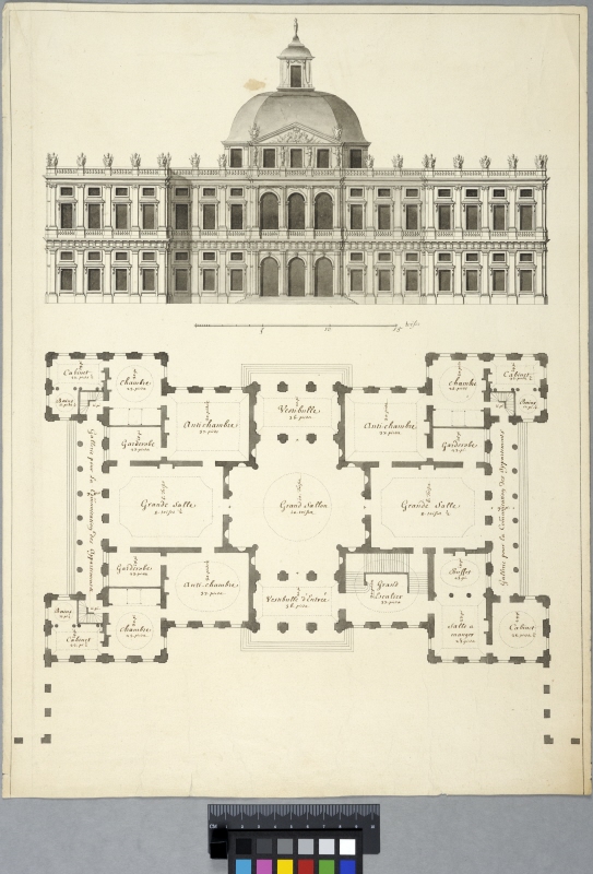 Förslag till större slott med kupolkrönt mittparti. Elevation av fasad samt plan. 'Förslag till ett slott i Richmond'/Förslag till fransk kungligt slott/villa