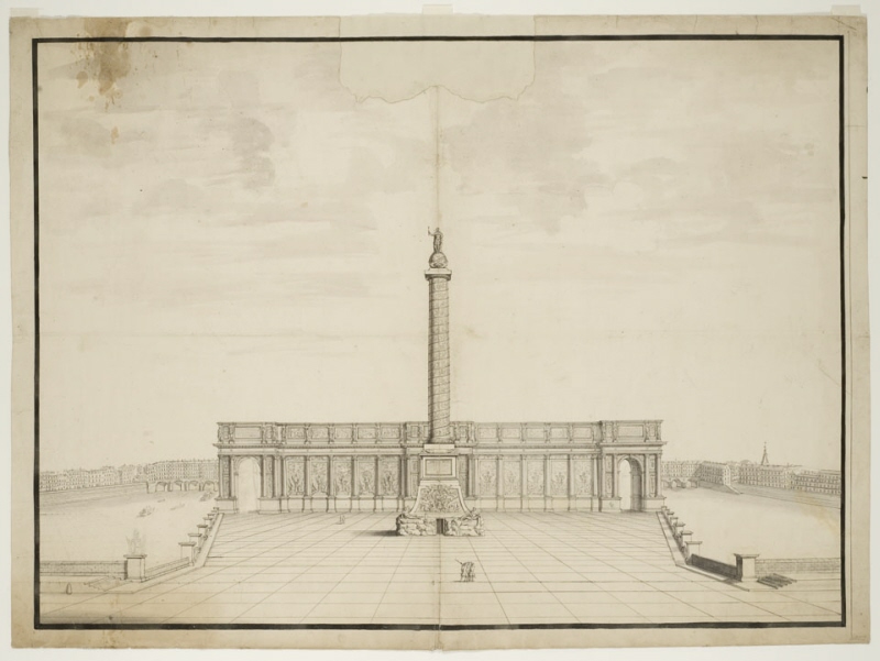 Förslag till en 'Place Royale'; skärmbyggnad med kolonner och triumfportar samt en 'Colonne Ludovise' vid Place Dauphin, Paris