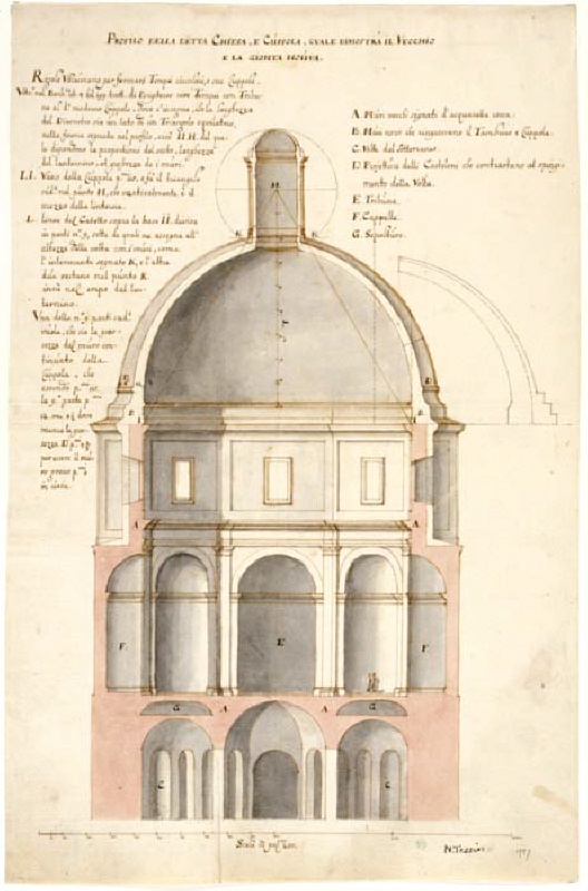 Oktogonal kyrka, med projekt för en kupol. Sektion