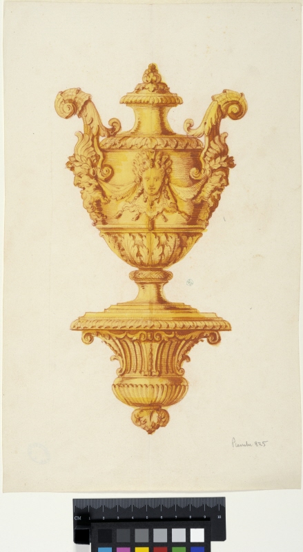 Design for a Decorative Urn with a Female Head and Satyrs' Masks, on a Console