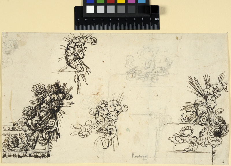 Studies for Corner Decorations of a Carriage Canopy. Four sunmasks with sunflowers