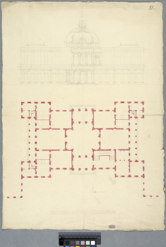 Förslag till större slott med kupolkrönt mittparti. Elevation av fasad samt plan. 'Förslag till ett slott i Richmond'