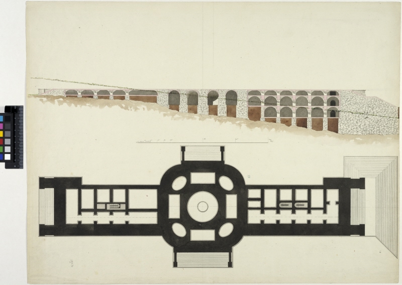 Design for the Grand Palace at Haga. Longitudinal section and plan of the basement