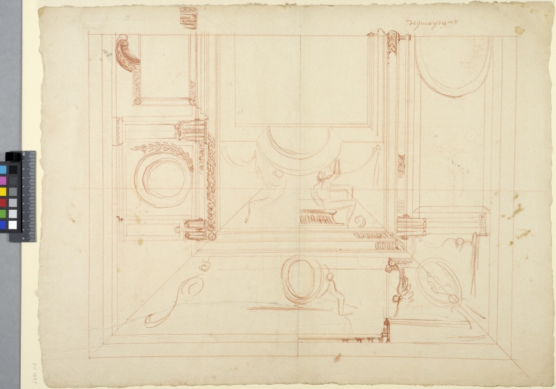 The Tuileries, Paris. Draft for a rectangular ceiling decoration of an "antichambre", halved with two alternatives