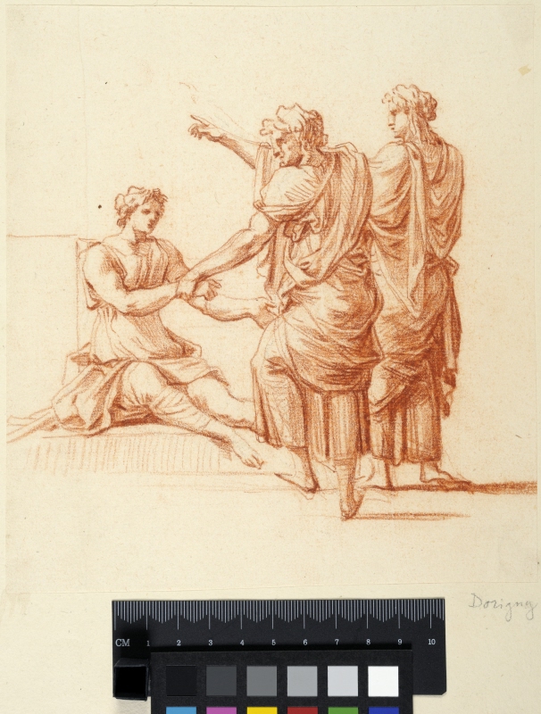A Standing Bearded Man and a Woman Helping a Seated Young Man to his Feet. All in ancient dresses