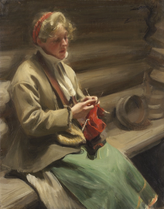 Dalecarlian Girl Knitting. Kål-Margit