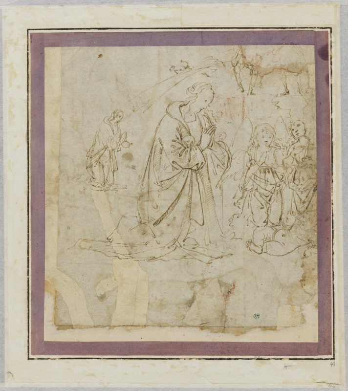Maria och två änglar knäböjer framför Jesusbarnet