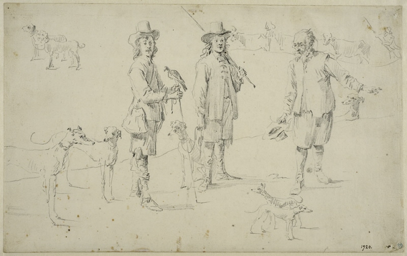 Study of Two Hunters and a Peasant with Dogs