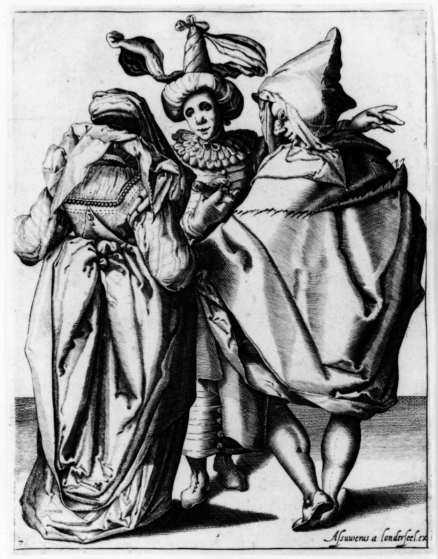 Maskeraddräkter, en kvinna och två män, blad nr 7