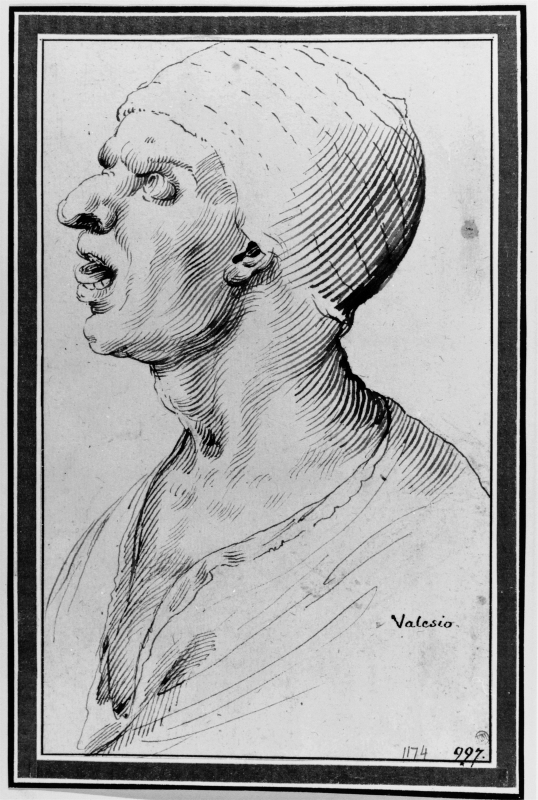Caricature of man with big nose, open mouth and hat, profile left