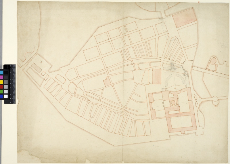 Jean de la Vallées plan till ombyggnad av Stockholms borg, insatt i stadsplan, troligen av Nicodemus Tessin d.ä. Kompletterad med bl.a. svängda högvaktsflyglar av Nicodemus Tessin d.y.