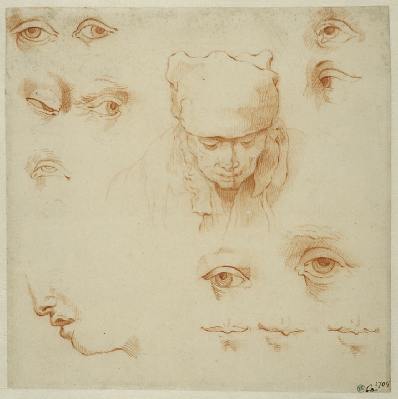 Head of an Old Woman, and Studies of Eyes and Mouths