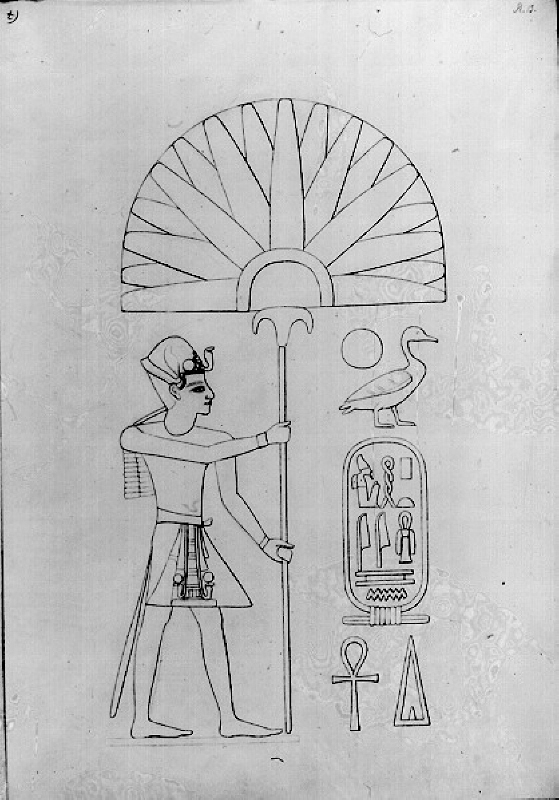 Egyptiska reliefer. Stående figur och hieroglyfer