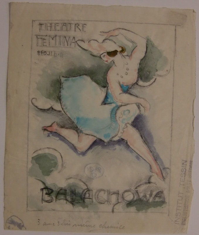 Skiss till en affisch för Théâtre Femina, 8-10 oktober 1936, dansösen Tania (?) Balachova (1902-1973), grön bakgrund