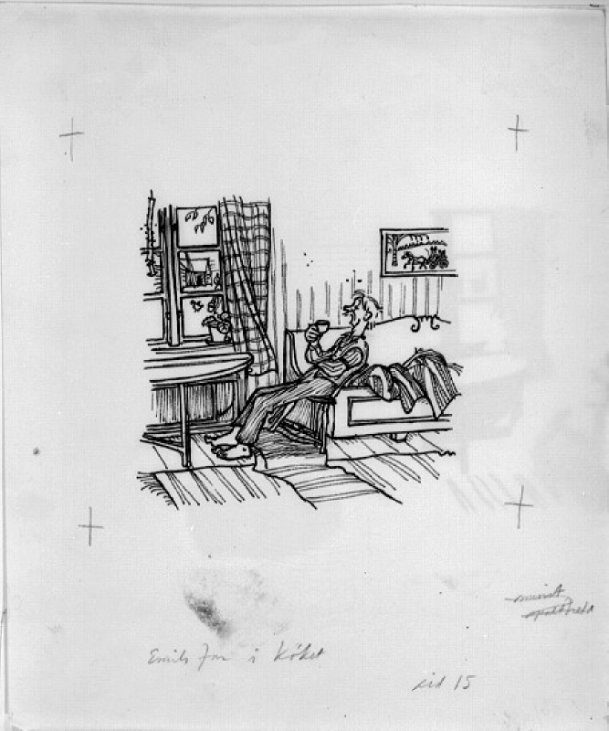 Illustration till "Nya hyss av Emil i Lönneberga" av Astrid Lindgren. Emils far i köket, sidan 15