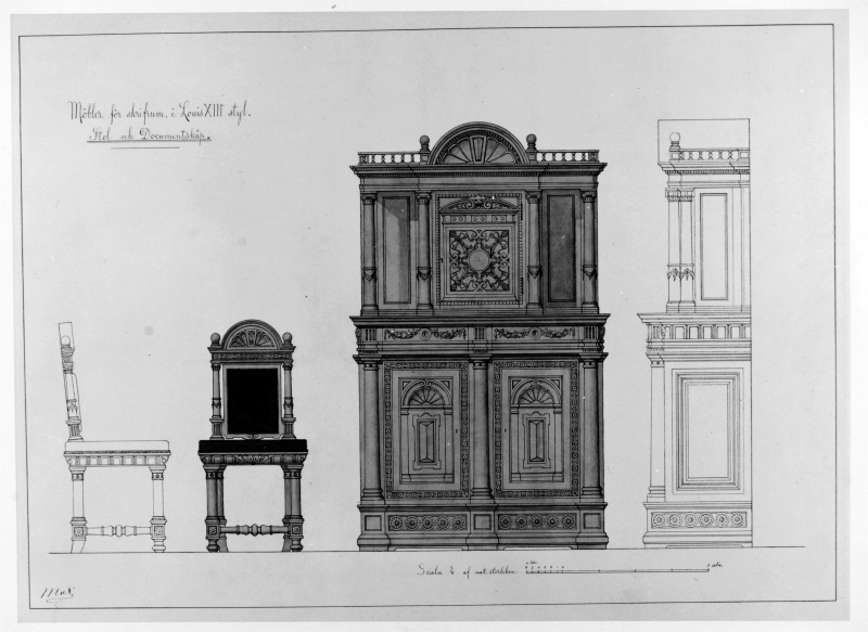 Förslag till skrivriúmsmöbler i Louis XIII:s stil
