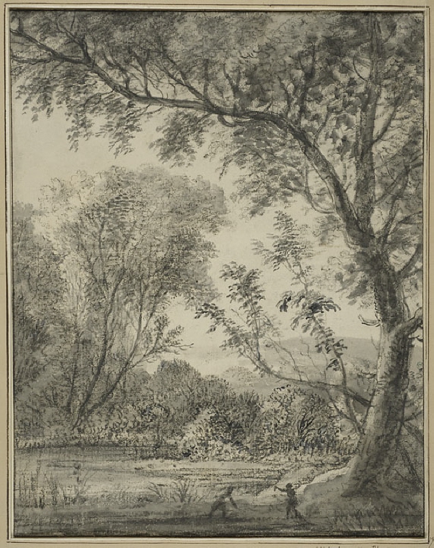 Flodlandskap med högt träd till höger