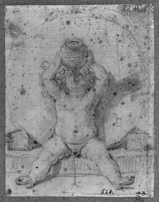 Putto seated in front of a barrel drinking from a fiasco di vino and peeing