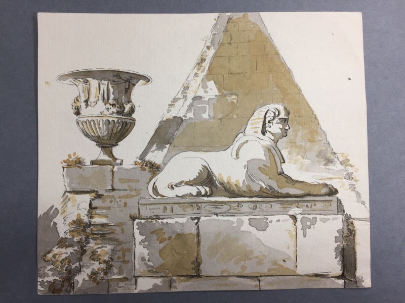 Sfinx och urna framför gravpyramid. Studie efter Jean Eric Rehns teckning med samma motiv