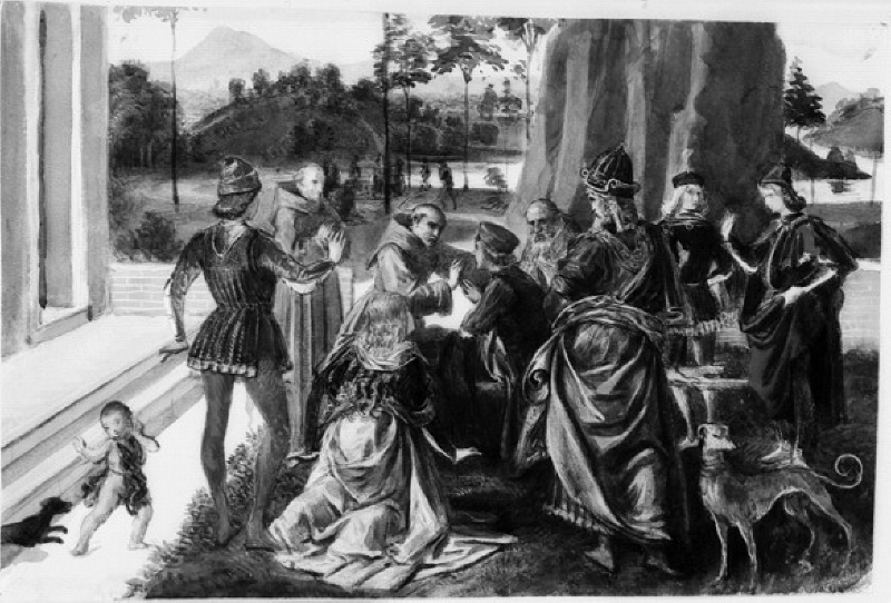 Detalj av "Den helige Bernhard uppväcker en död". Efter målning i Pinakoteket, Perugia