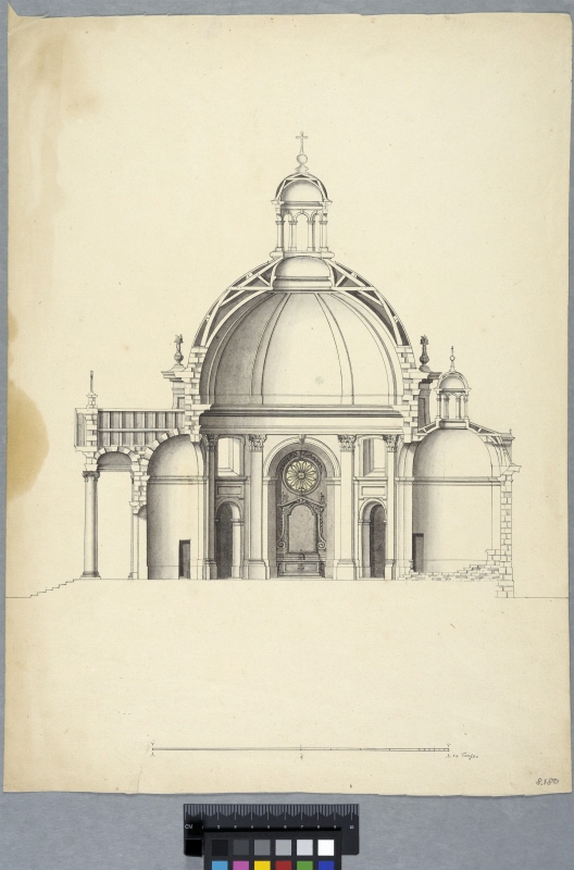 Längdsektion genom kyrkobyggnad med rundplan och kupol med lanternin; elevationer av interiören med sidokapell