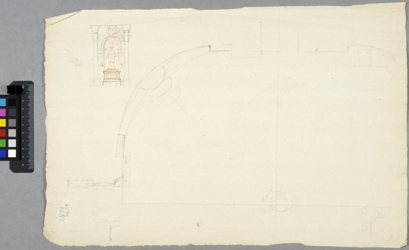 Design for a Circular Place Publique Enclosed by Townhouses. Study for plan of part of the place. In the upper left corner a statue niche