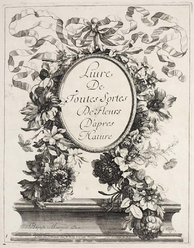 Blomster- o bandornerad oval på postament, blad nr 1 titelsida
