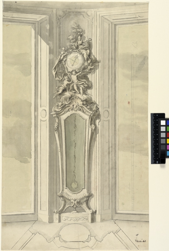 Clock with Allegorical Figures Representing Time and the Arts. Elevation and plan