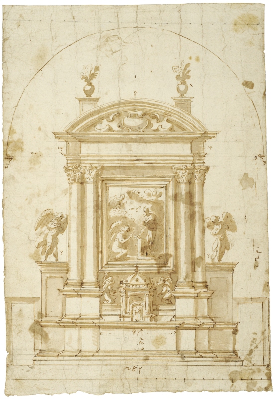 Altare med sakramentshus och altarmålning med bebådelseframställning. Inramande arkitektur med kopplade kolonner och segmentbåge