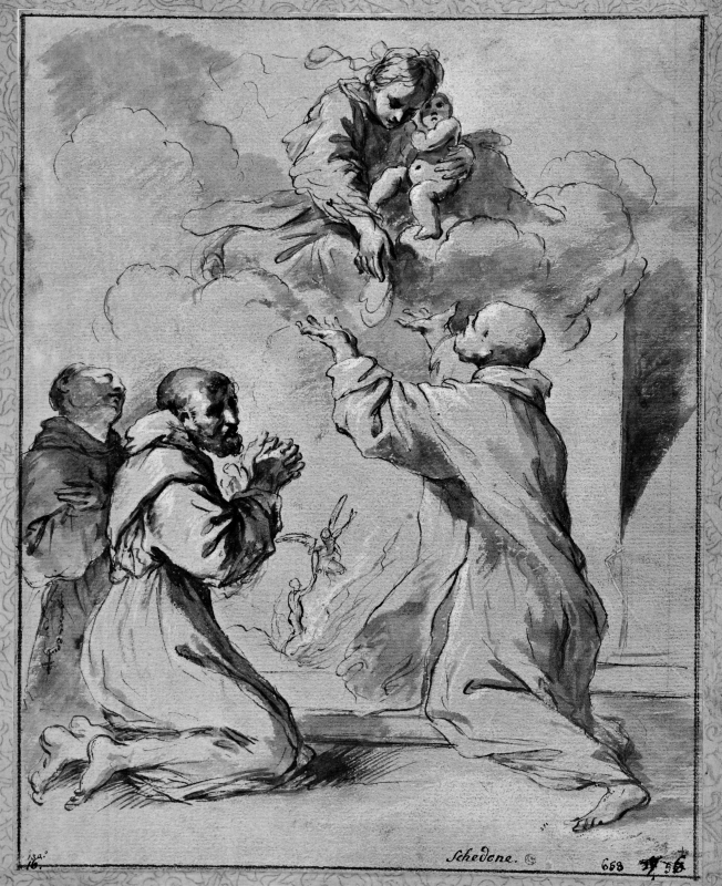 The Madonna del Carmine presenting the scapular to St. Albert the Carmelite in the presence of St. Francis and another franciscan