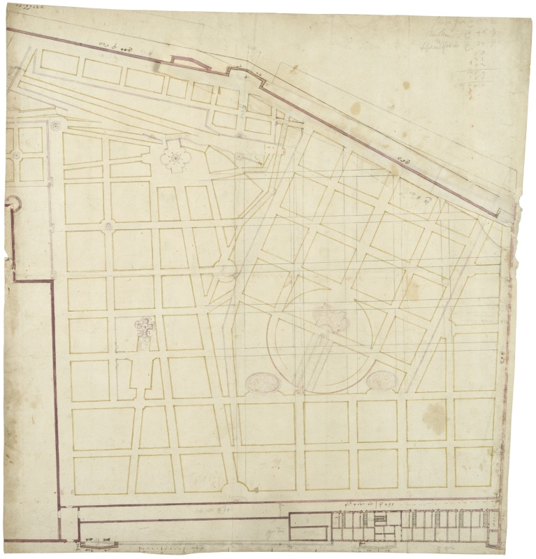 Plan över ett parti av Rom, sannolikt Quirinalen, med en muromgärdad park och en intilliggande byggnad