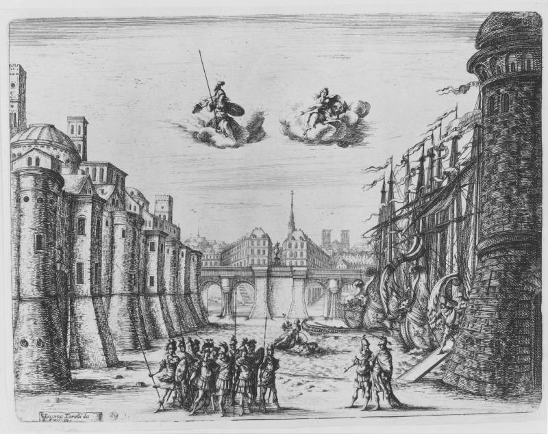 Scendekoration till  La Finta Pazza av Giulio Strozzi. Andra akten, scen åtta: Stora torget i staden Sciro