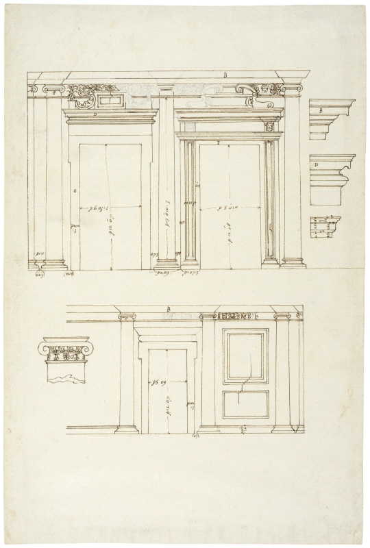 Rome: Villa Giulia, interior of the garden loggia, elevation of the south wall (above) and of the western wall (below). Profiles of the entablature of the Ionic order “B” and of the cornice and frame of one door, “D” and “O” (upper right). Elevation of one of the Ionic capitals (lower left)
