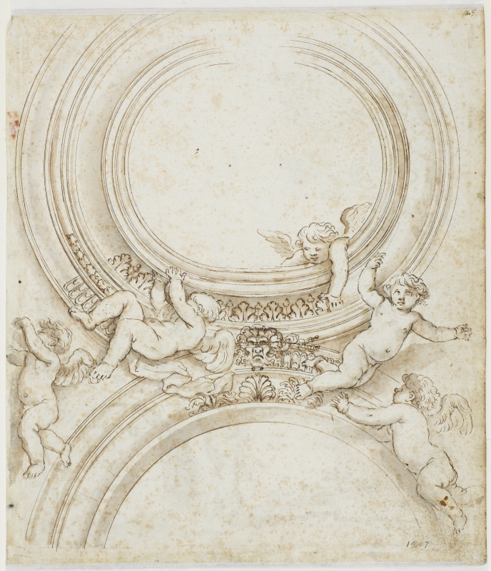 Ceiling. Roundel open to sky with five putti