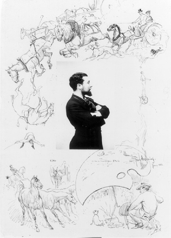 Fotografiskt porträtt av konstnären omgiven av teckningar
